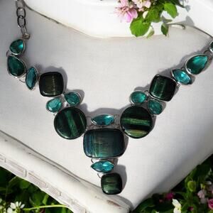 Sterling Silver Apatite And Green Tiger’s Eye Necklace 26 Inch Statement Jewelry